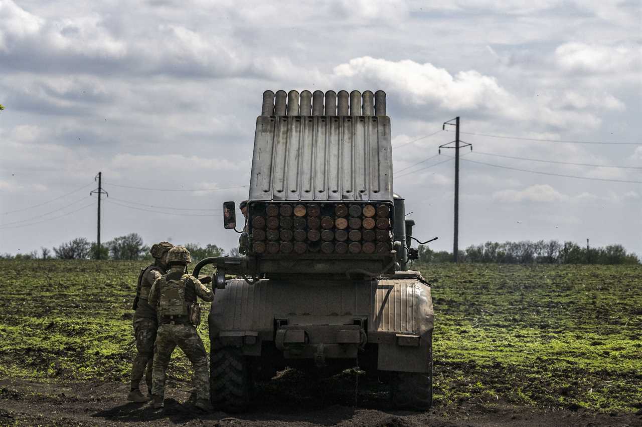 Artillery rocket units of the mechanized brigade of the Ukrainian Army conduct operation to target trenches of Russian forces through the Donetsk region, where the country's most intense clashes occur, amid Russia and Ukraine war in Donetsk, Ukraine on May 09, 2023.