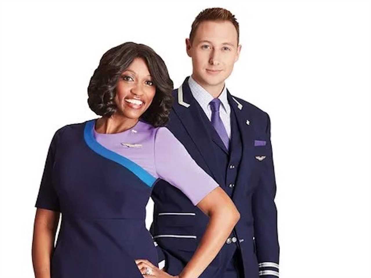 New United flight attendant uniform with purple on a male and female.