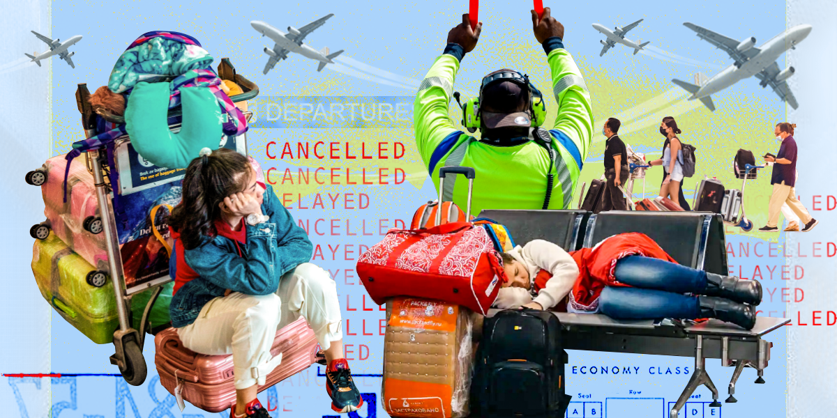 Summer will be a travel nightmare collage, showing flight delays, cancellations, and travelers waiting in airport