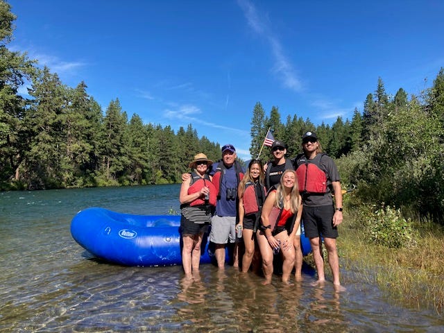 Family from California doing a raft trip along the Cle Elum River, which runs through Tumble Creek/Suncadia properties.