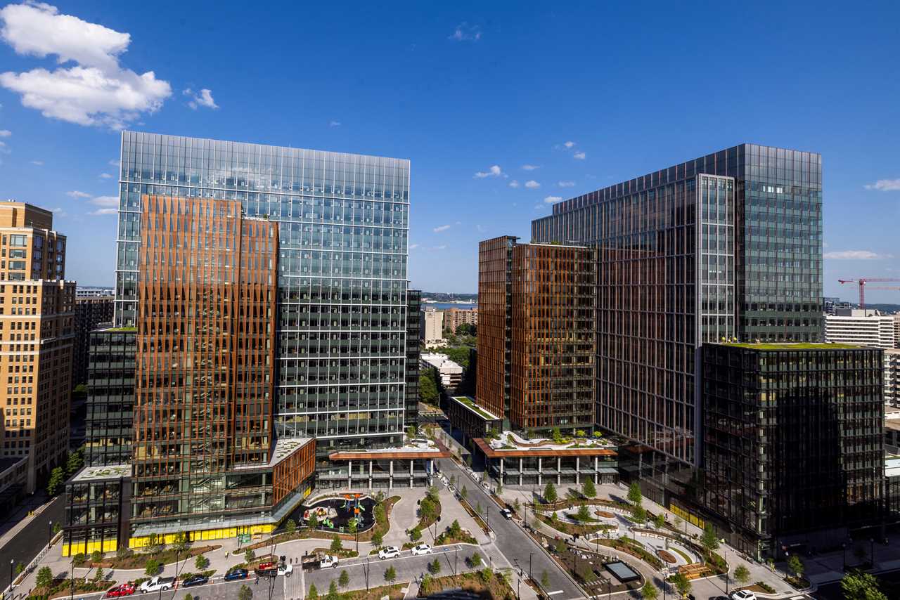 exterior of buildings at Metropolitan Park, the first phase of Amazon's HQ2 second headquarters in Arlington, Virginia