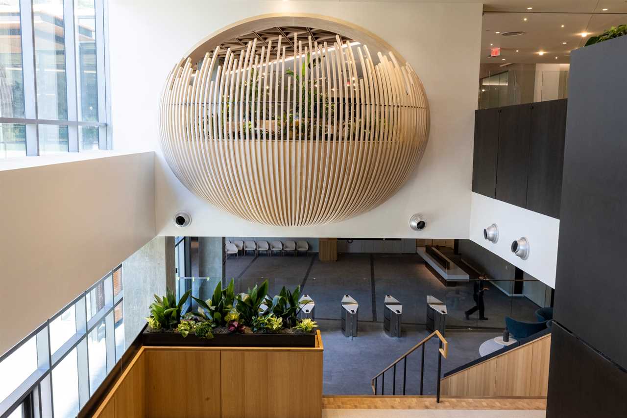 lobby entrance of Metropolitan Park, the first phase of Amazon's HQ2 second headquarters in Arlington, Virginia