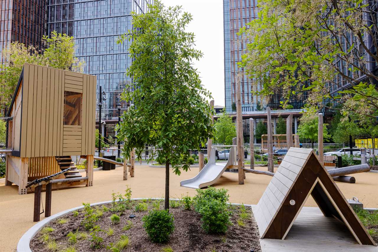 an outdoor playground at Metropolitan Park, the first phase of Amazon's HQ2 second headquarters in Arlington, Virginia