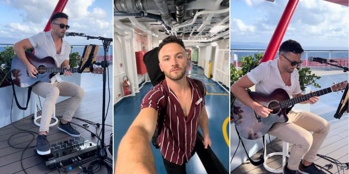 Three photos of Jack Nolan on cruise ships.