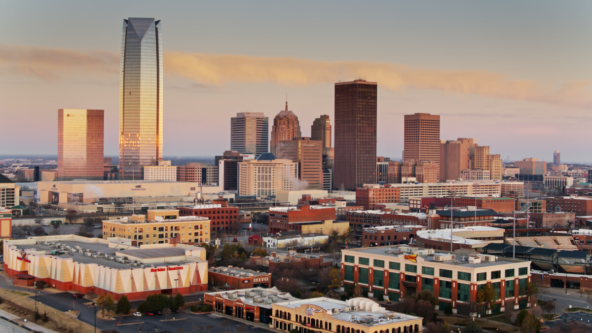 Bricktown and Central Business District at Sunrise in Oklahoma City 