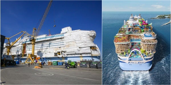 A collage of Royal Caribbean's Icon of the Seas's exterior while under construction and Royal Caribbean’s rendering of the space.