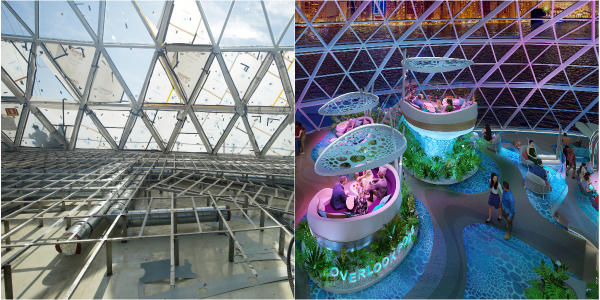 A collage of the Royal Caribbean Icon of the Seas Aqua Dome under construction compared to renderings of the venue