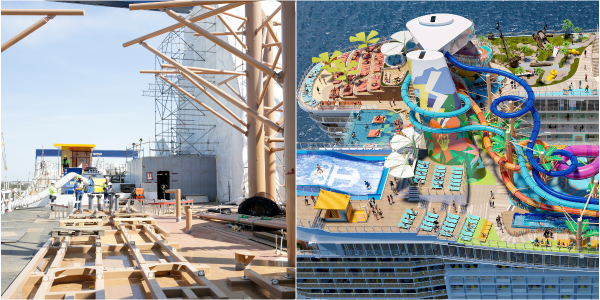 A collage of Royal Caribbean's Icon of the Seas Thrill Island's Category Thrill Island and Royal Caribbean’s rendering of the space.