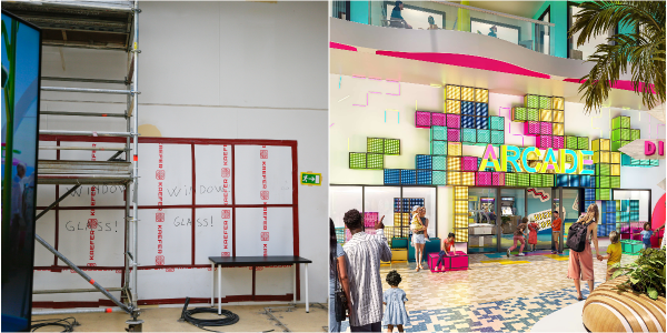 A collage of Royal Caribbean's Icon of the Seas's Surfside arcade and Royal Caribbean’s rendering of the space.