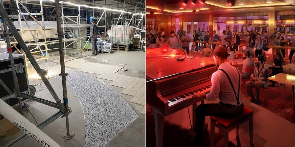 A collage of Royal Caribbean's Icon of the Seas Royal Promenade with a dueling piano bar and Royal Caribbean’s rendering of the space.