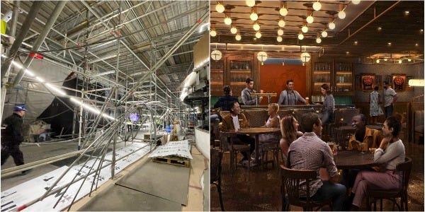 A collage of Royal Caribbean's Icon of the Seas Royal Promenade with bars and Royal Caribbean’s rendering of the space.