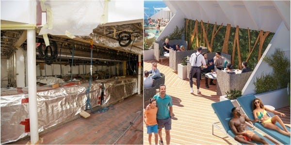 A collage of Royal Caribbean's Icon of the Seas' suite neighborhood with lounge chairs and outdoor dining and Royal Caribbean’s rendering of the space.