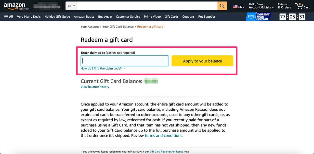 The gift card redemption page on an Amazon account with the Reedem a Gift Card section highlighted in red.