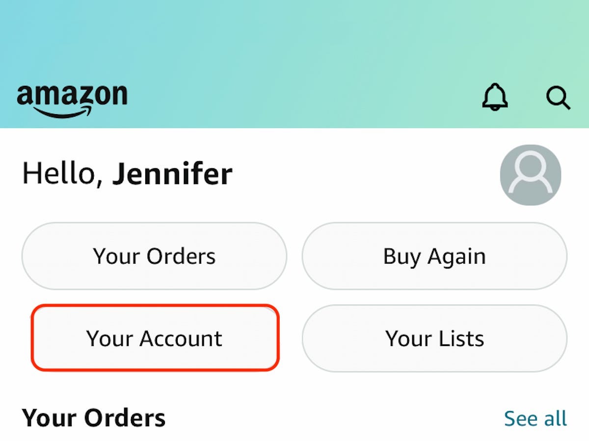 A screenshot of the Amazon app displaying several buttons, including the Your account button outlined in red.