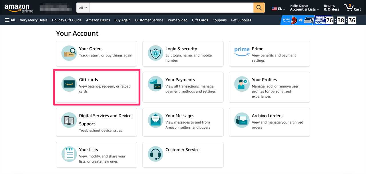 The Amazon account screen with Gift Cards outlined in red.