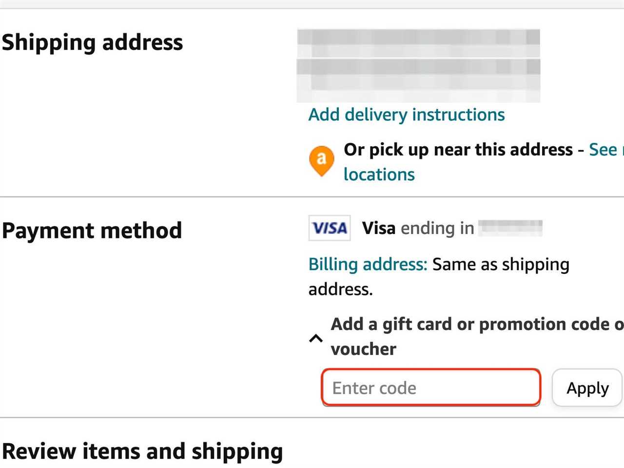 The checkout page for Amazon with the Enter code box outlined in red to demonstrate how to add a gift card at checkout.