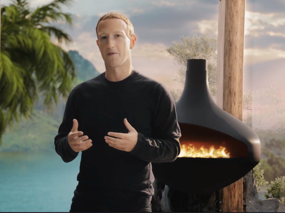 Mark Zuckerberg standing in his metaverse living room during a presentation on Facebook's VR future and name change.
