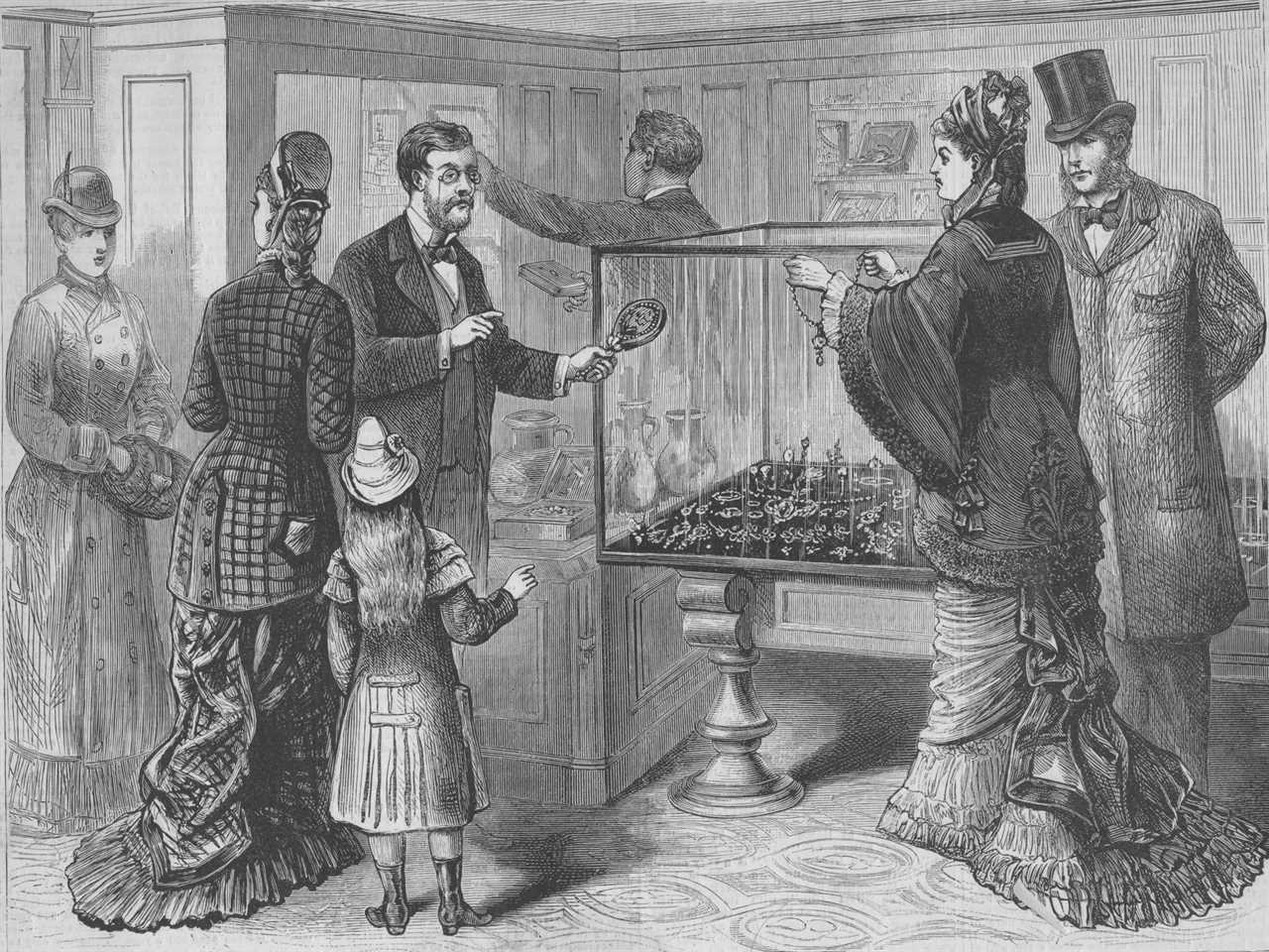 Illustration of the interior of Tiffany's jewelry store in New York City in 1879