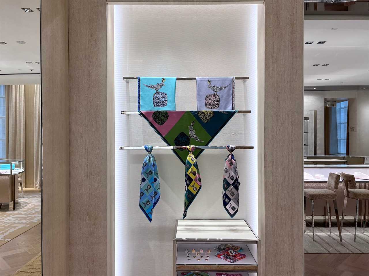 Colorful silk scarves displayed at Tiffany store