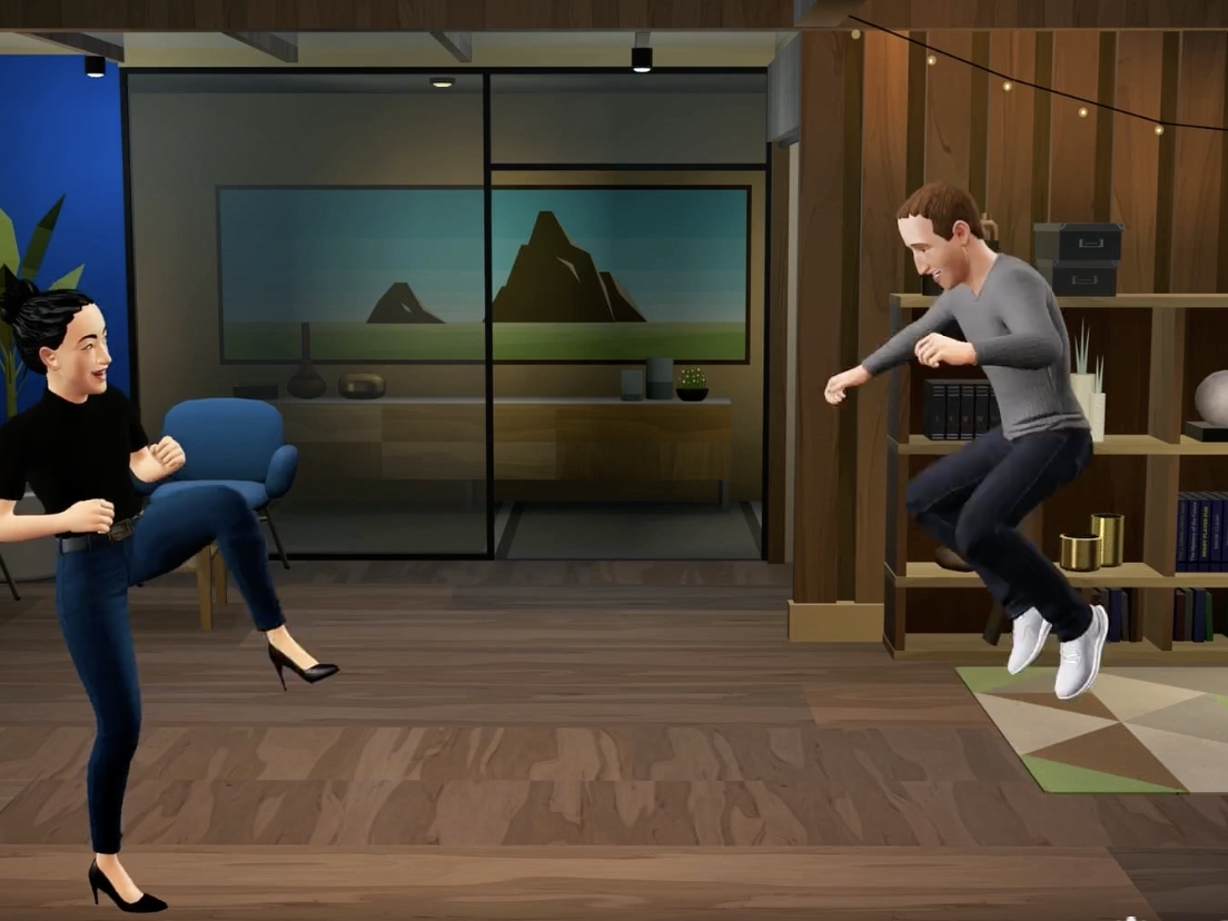 metaverse avatar on the left has her knee up, mark zuckerberg's avatar on the right is jumping in the air