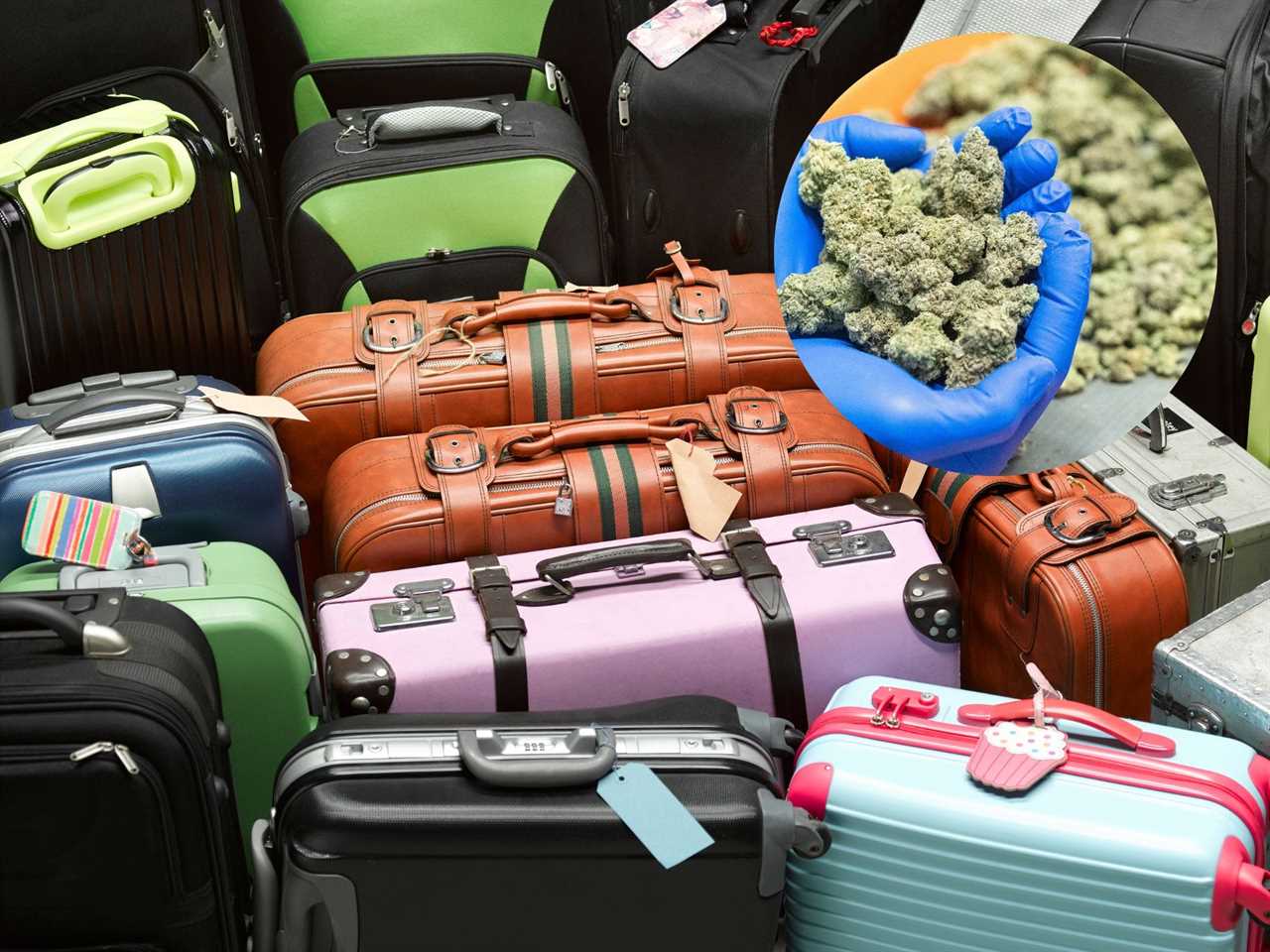 luggage and hands holding marijuana