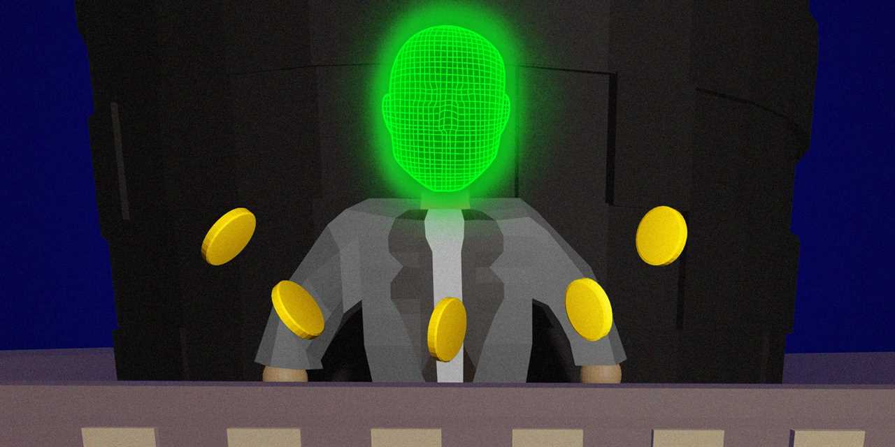 A blocky, 3d illustration of an Old School RuneScape style shopkeep character behind a counter. The head of the character is more human shaped, made of wireframe and glowing green. Gold coins float around the figure.