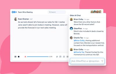 A screenshot of the Otter Chat AI feature being used by a team to discuss sales and hiring information.