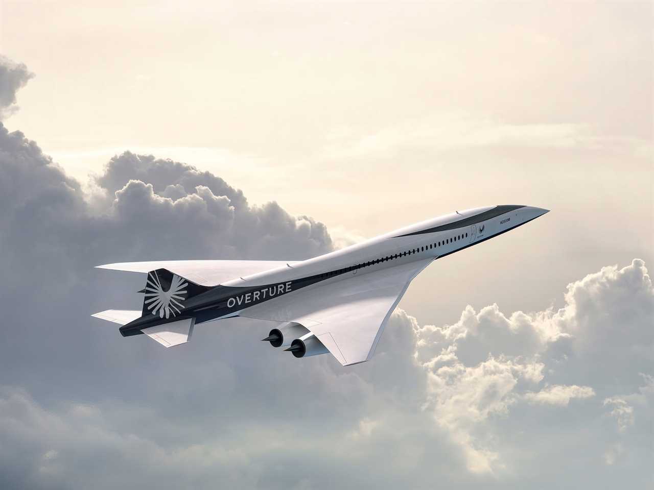 Boom Supersonic's Overture flying among clouds.