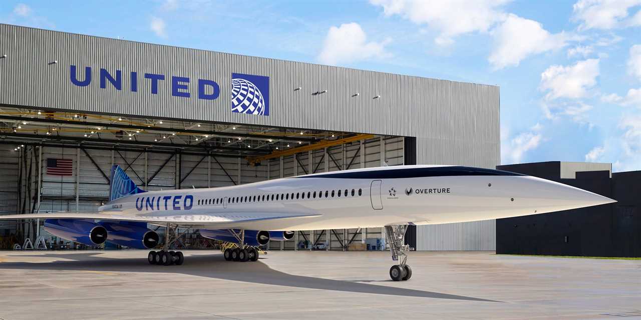 Boom Supersonic's Overture with United's branding in front of a United building.