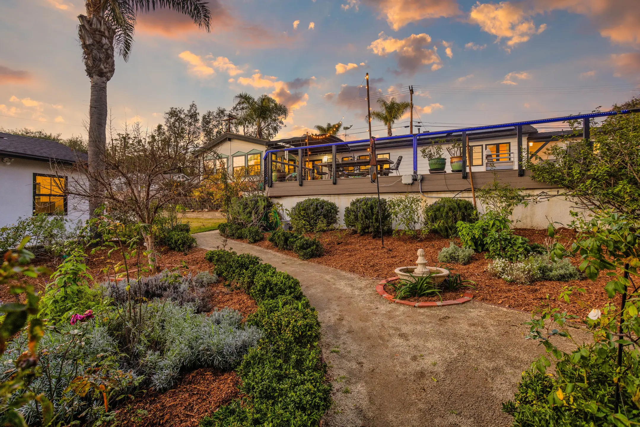 A backyard with native plants and a waterfountain