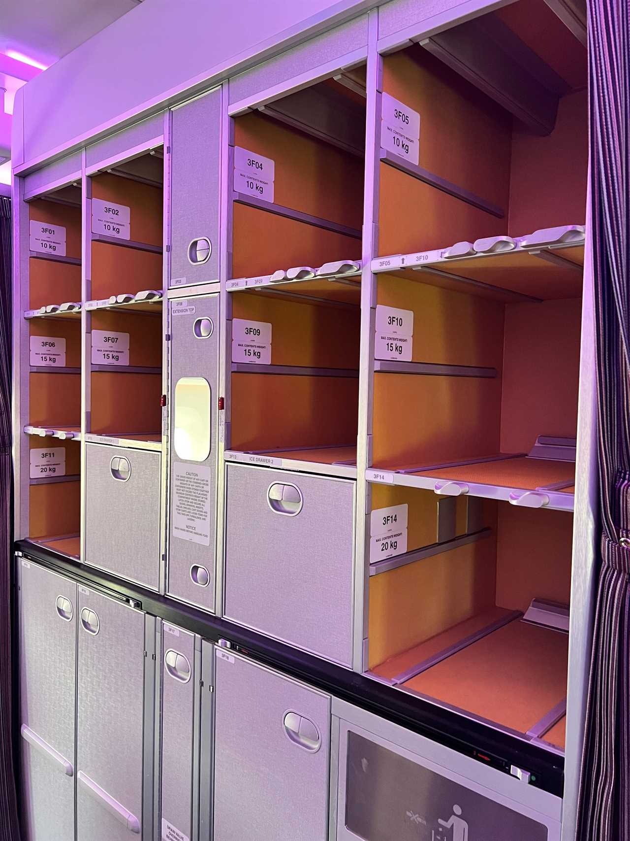 Ten cube storage areas arranged in a grid in the A350 galley