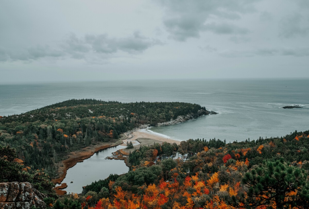 bar harbor maine water and forest aerial view