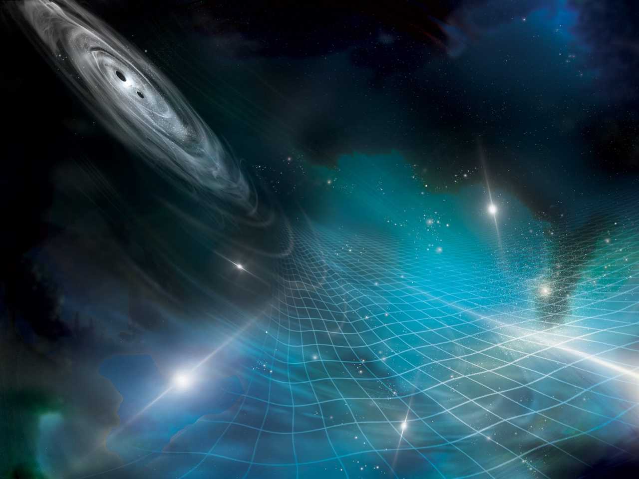 line grid drawn over a blue cosmic background bends under the approach of a white spiral with two black holes at the center