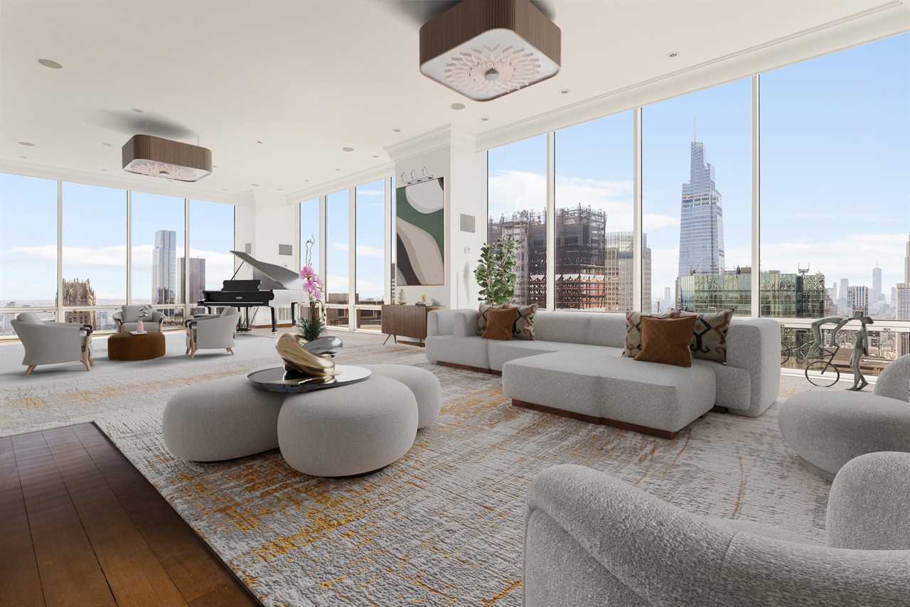 A virtually staged living space in a penthouse.