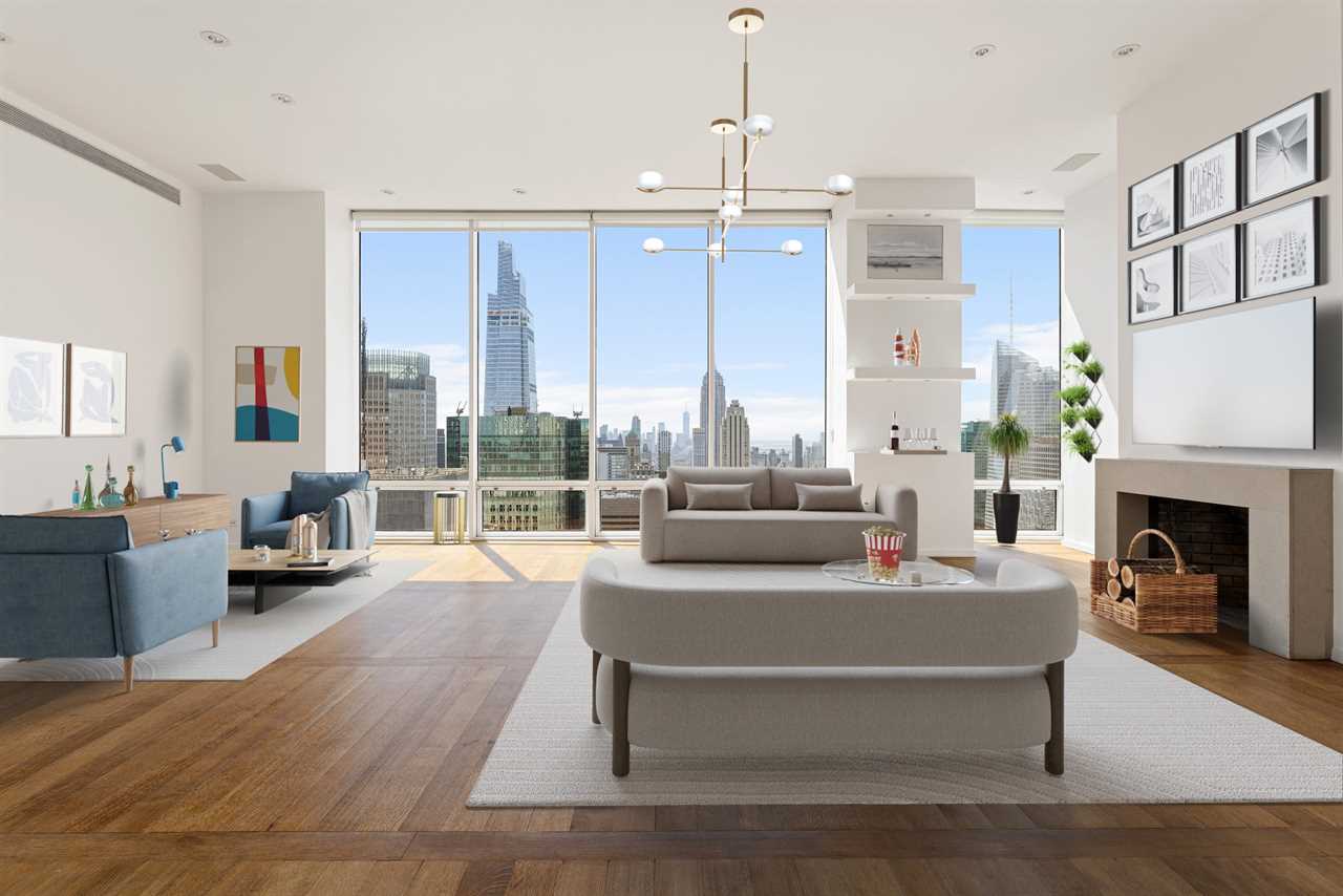 A living room in a penthouse with views of New York City.