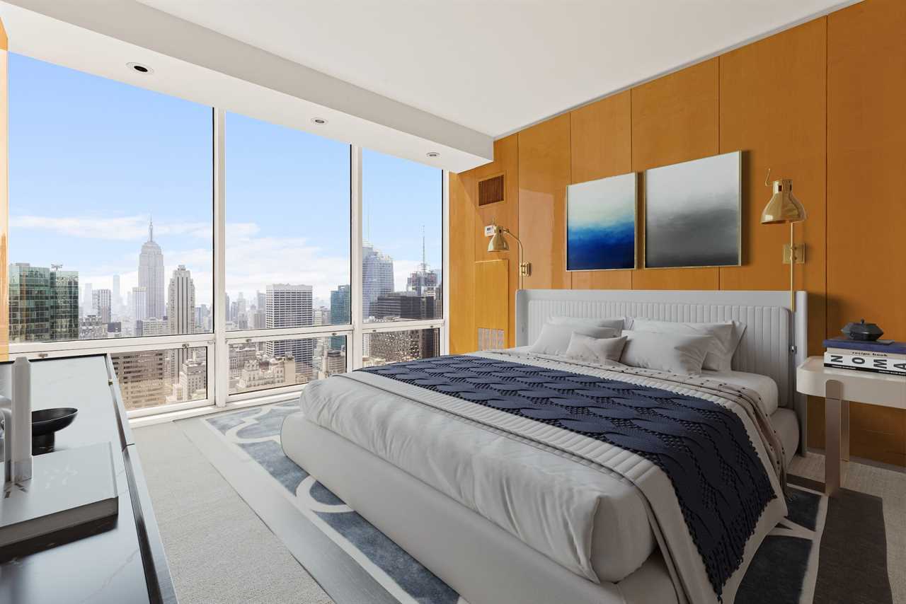 A virtually staged bedroom in a penthouse.