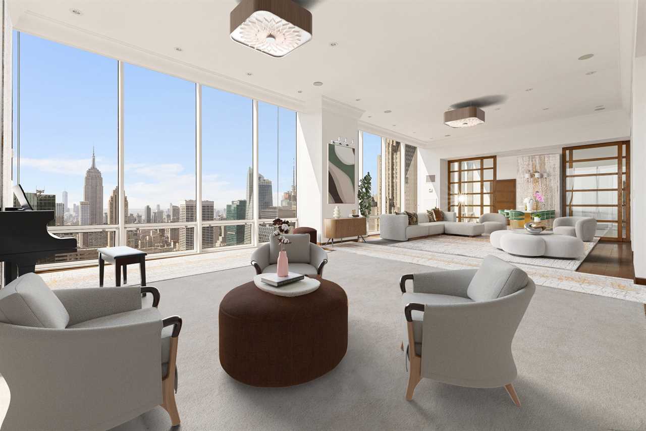 A virtually staged living space in a penthouse.