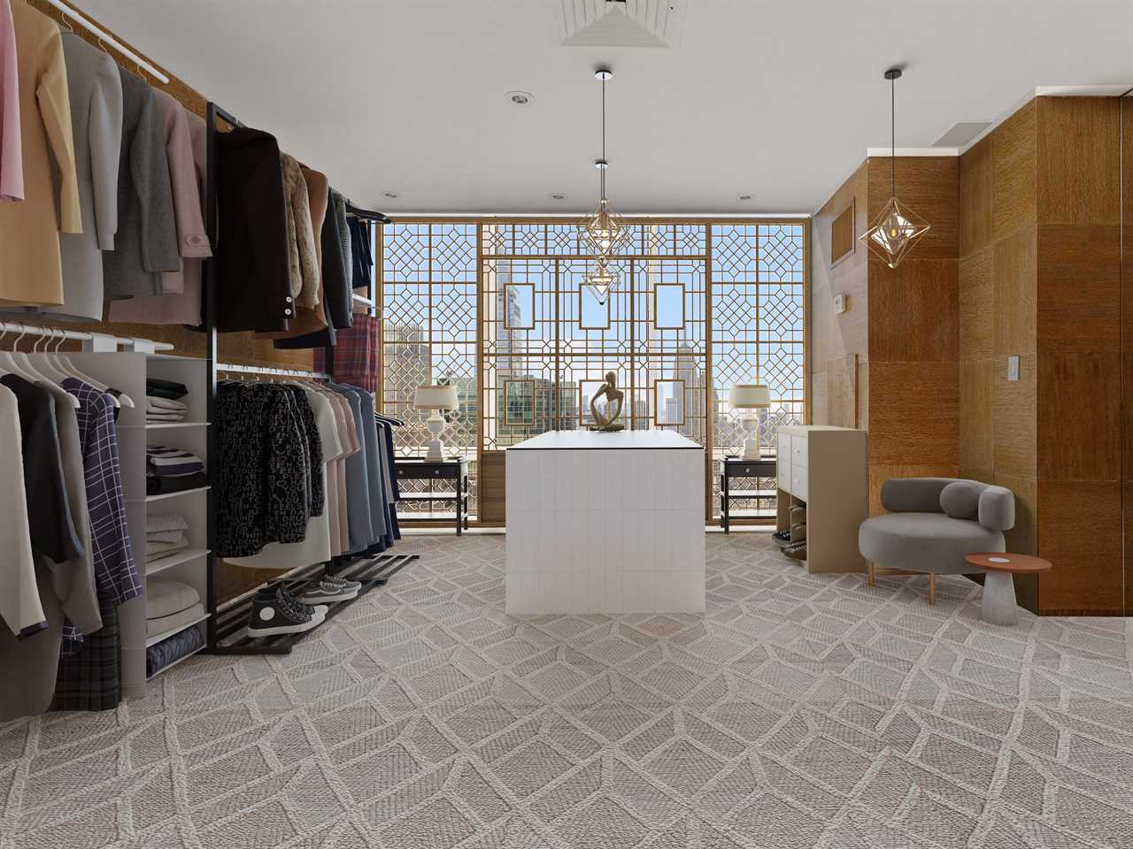 A very spacious walk-in closet with views of Manhattan.