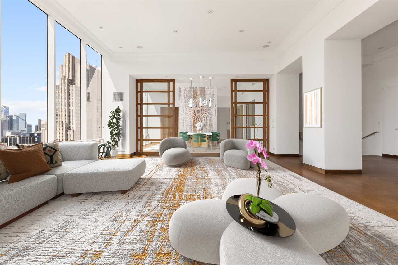 A virtually staged living space in a penthouse.