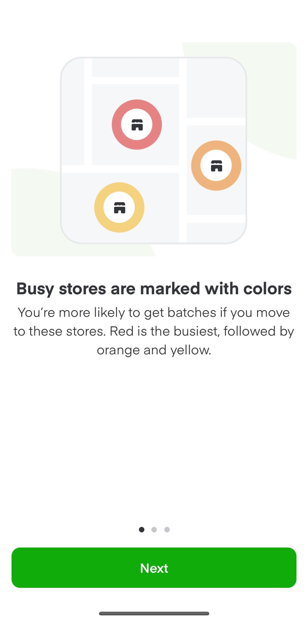 A sample screenshot shows the color-coded heat map that shoppers see on Instacart's app. Stores marked in red are busiest, followed by orange-colored stores and last by yellow-colored stores.