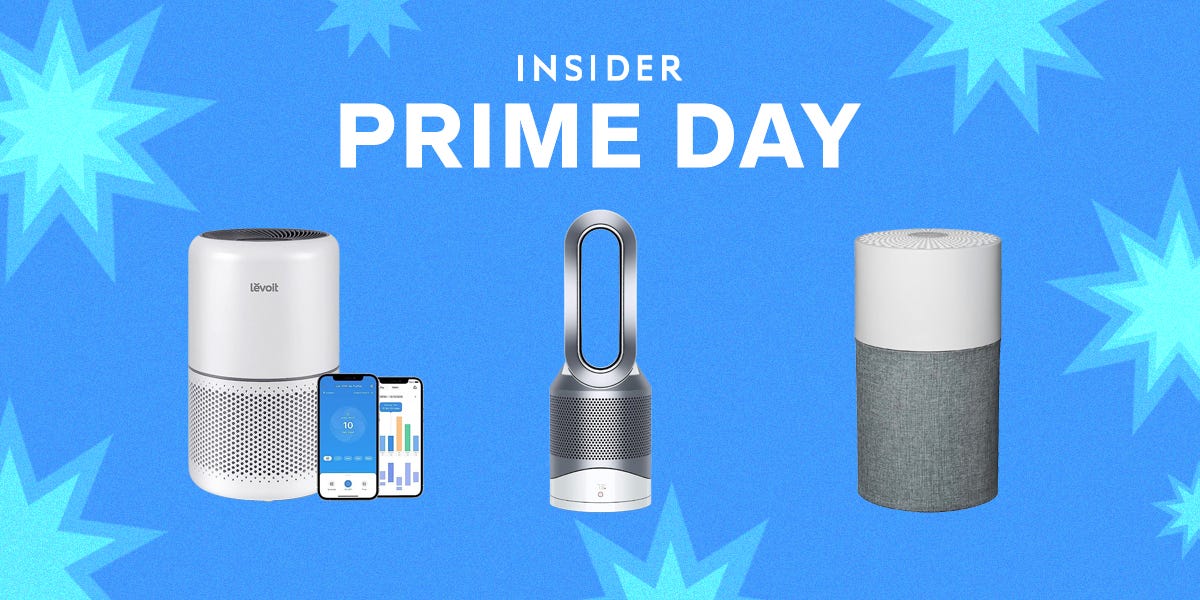 The Levoit 300S Air Purifier, Dyson Pure Hot+Cool, and Blueair Blue Pure 511 Air Purifier against a blue background with stars and the text "Insider Prime Day" at the top.