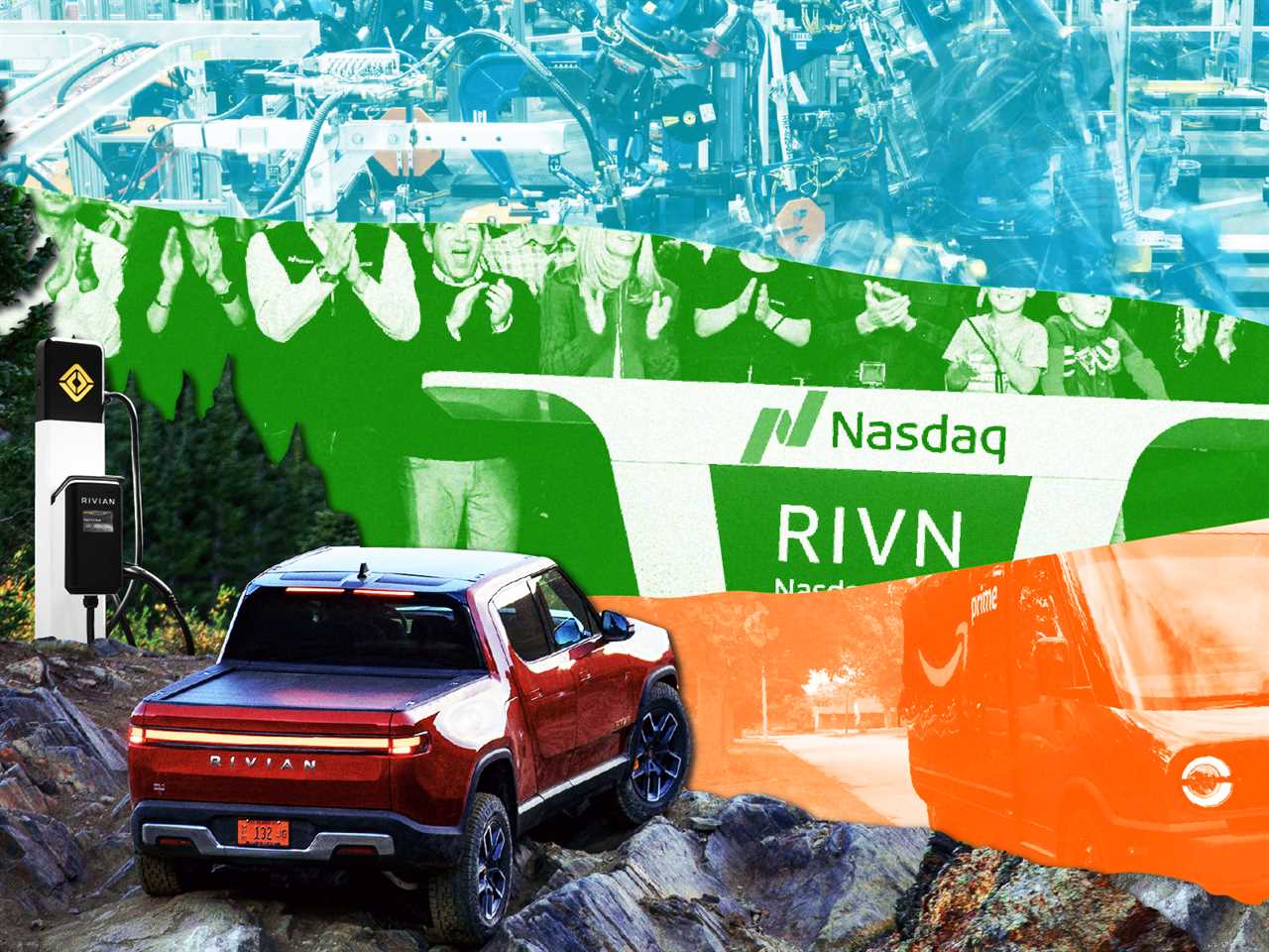 rivian pickup truck looking at the edge of a cliff surrounded by two rivian charging stations, framing blue, green, and orange photo snippets of a Rivian factory, IPO, and Amazon truck