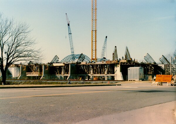 Construction of the Pyramid on the Mississippi River waterfront, Memphis, Tennessee, 1990-1991