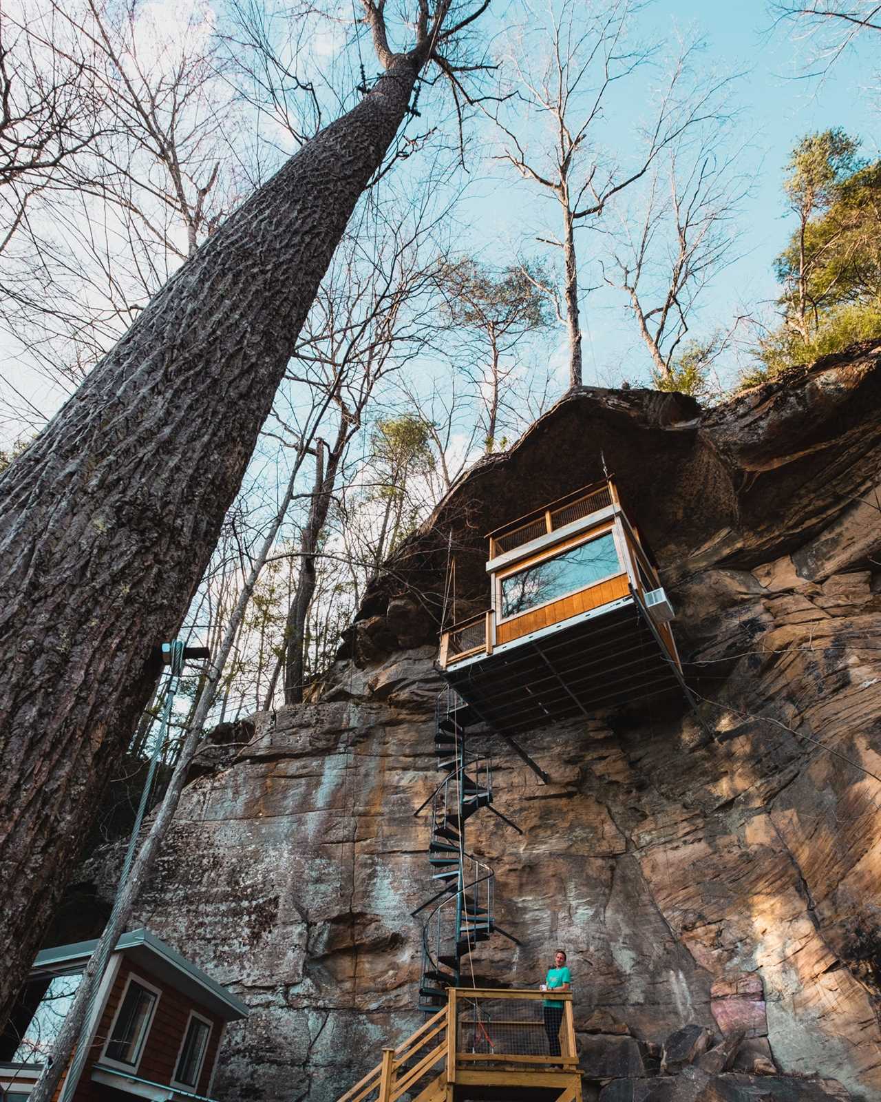 A view of one of the Cliff Dweller units from the suspension bridge below.