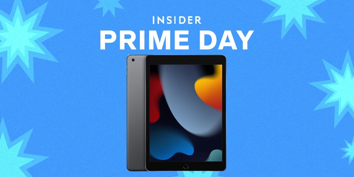 Gray silver Apple iPad 9th and 10th generation on blue background with stars and the text "Insider Prime Day" at the top.