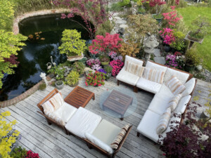 Photo showing ornamental Japanese-style garden with outdoor lounge area. Featuring crystal clear koi pond, whitewashed, grooved timber decking patio, Japanese bonsai maples and hardwood, cushion covered seating.