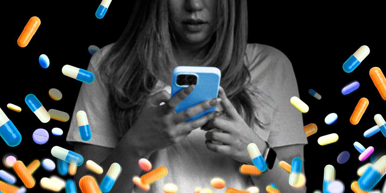 A woman looks at her phone worried. Surrounding her are an endless pile of glitching pills.