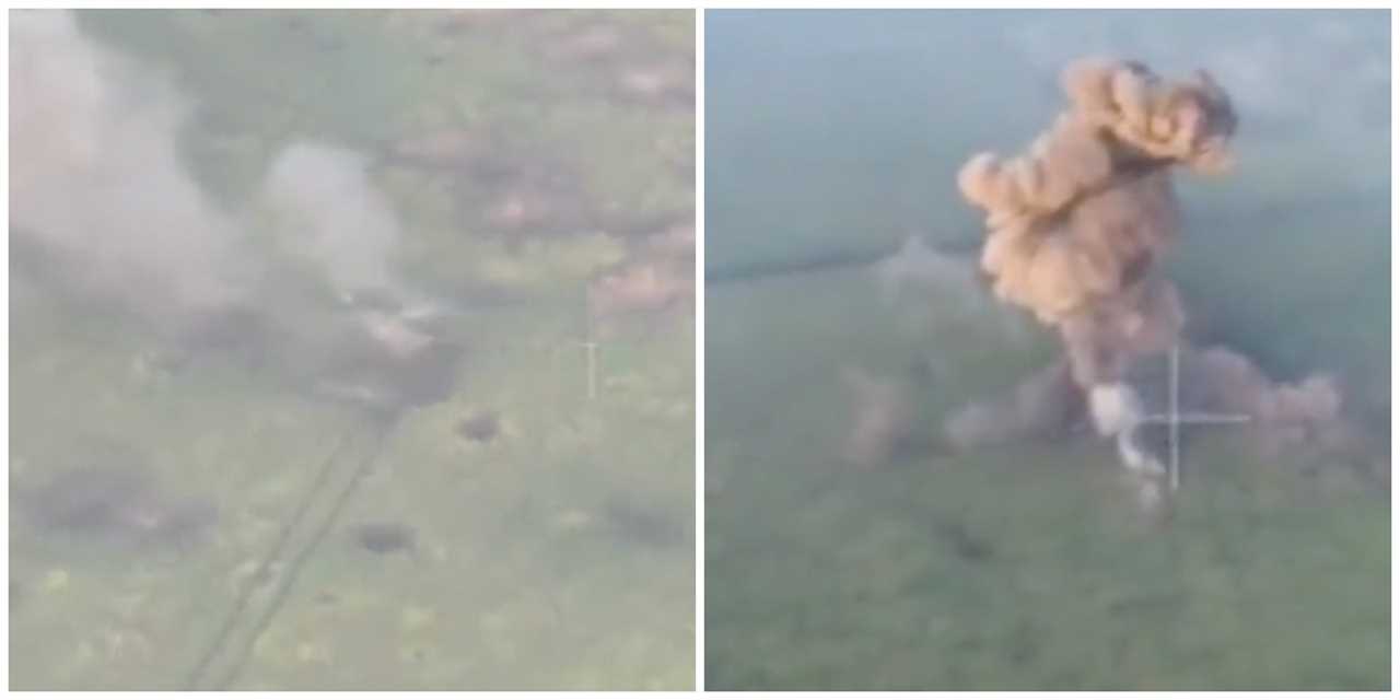 A composite image shows the before and after of what a Russian war blogger said was a tank that Russian forces hit filled with explosives before and after it hit a mine in Ukraine.