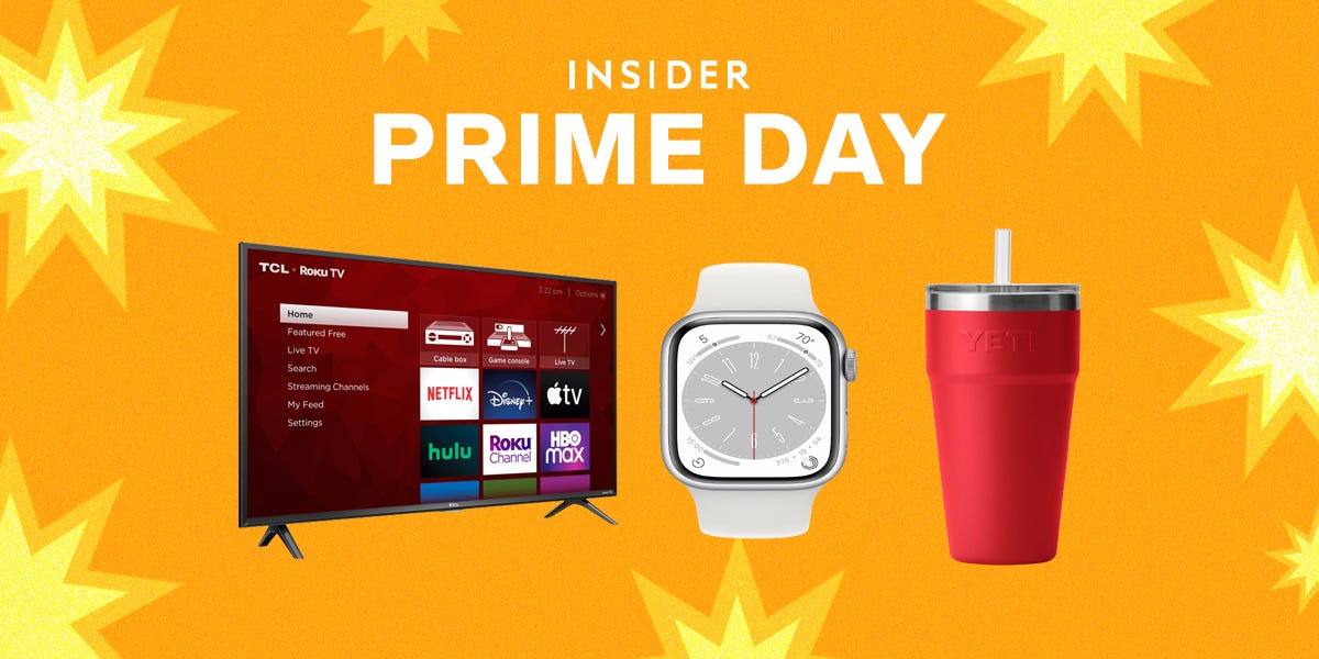 A television, a smart watch and a stainless steel cup with a straw sit side by side on a yellow background with the caption "Insider Prime Day" above.