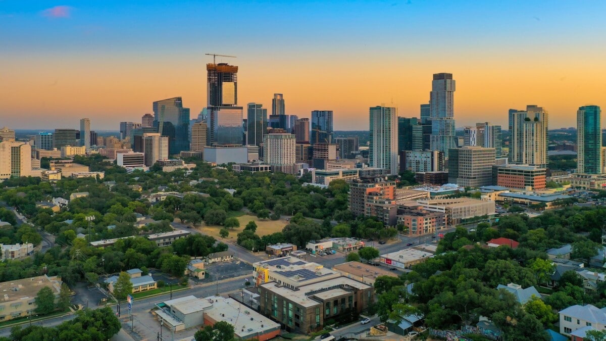 austin texas skyline with buildings at sunset